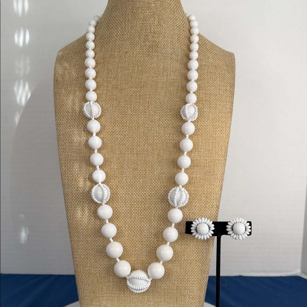 Miriam Haskell White Milk Glass Beaded Necklace and Earrings Set